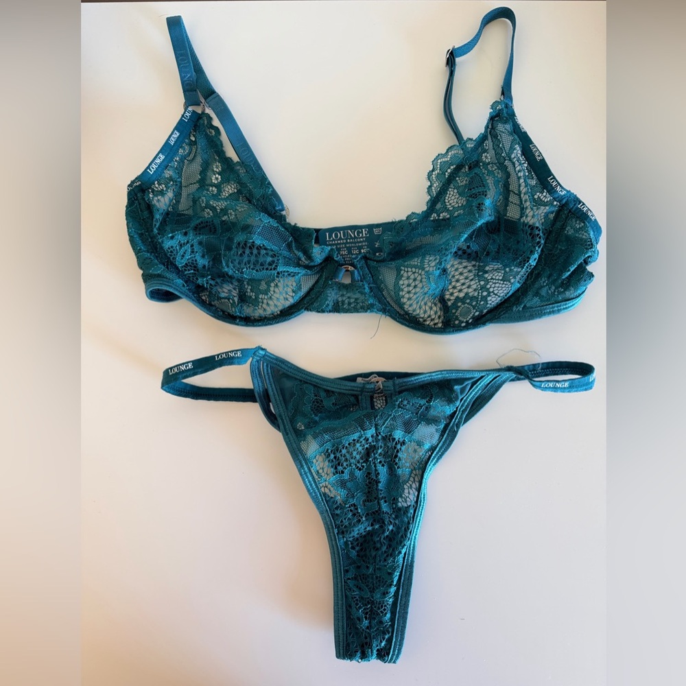 Lounge Underwear Deep Teal Lace Underwire Bra & Thong Set